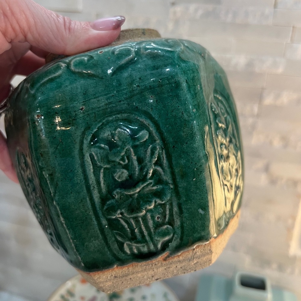 Antique Chinese Green Glazed Pottery Hexagonal Ginger Jar Floral Relief 5"